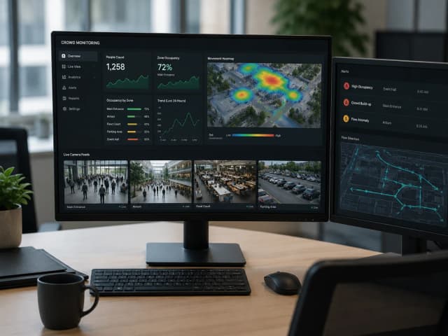 Crowd monitoring dashboard with occupancy, heatmap, alert, and camera feed panels